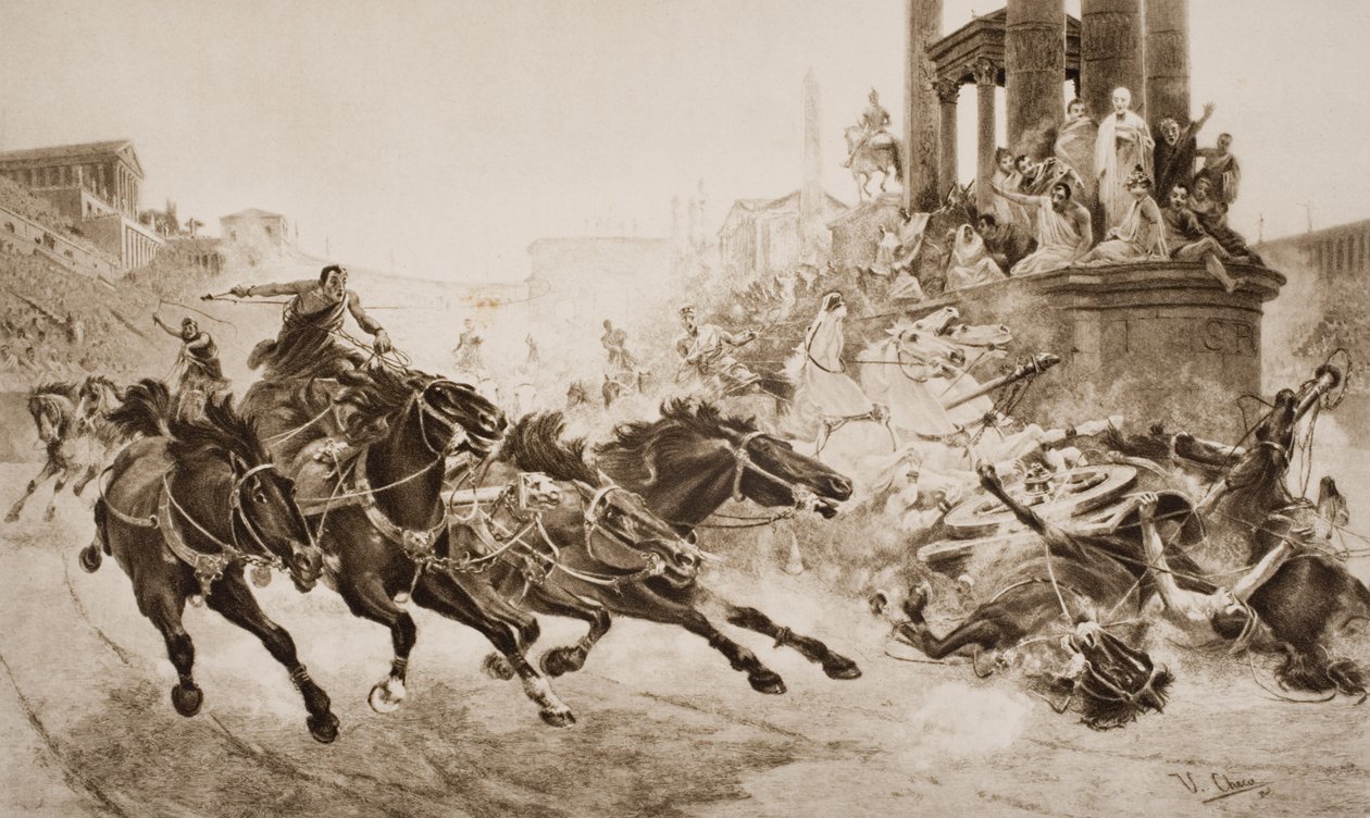 Uma Corrida de Carruagem Romana, ilustração de &39;The Outline of History&39; de HG Wells, Volume I, publicado em 1920 de Ulpiano Checa y Sanz