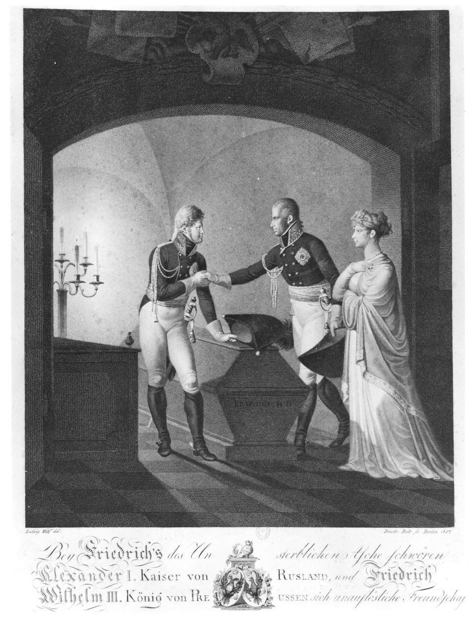 Perto das cinzas de Friederick II, o Grande da Prússia (1712-1886), Czar Alexandre I (1777-1825) e rei Friedrich Wilhelm III da Prússia (1770-1840), jurando amizade imortal, em Potsdam, na noite de Ulrich Ludwig Wolf