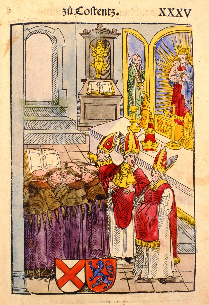 Uma cena do Concílio de Constança, de &39;Chronik des Konzils von Konstanz&39; de Ulrich von Richental
