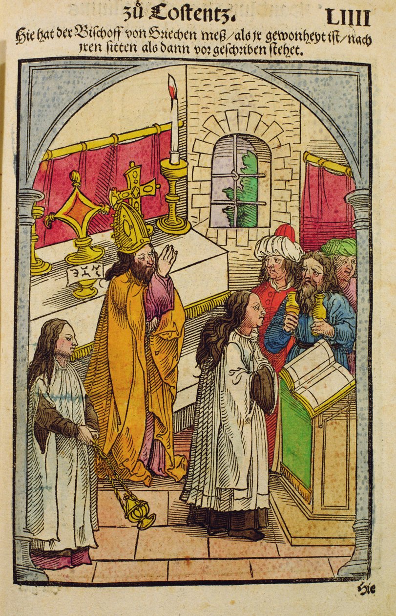 Uma cena do Concílio de Constança, de &39;Chronik des Konzils von Konstanz&39; de Ulrich von Richental