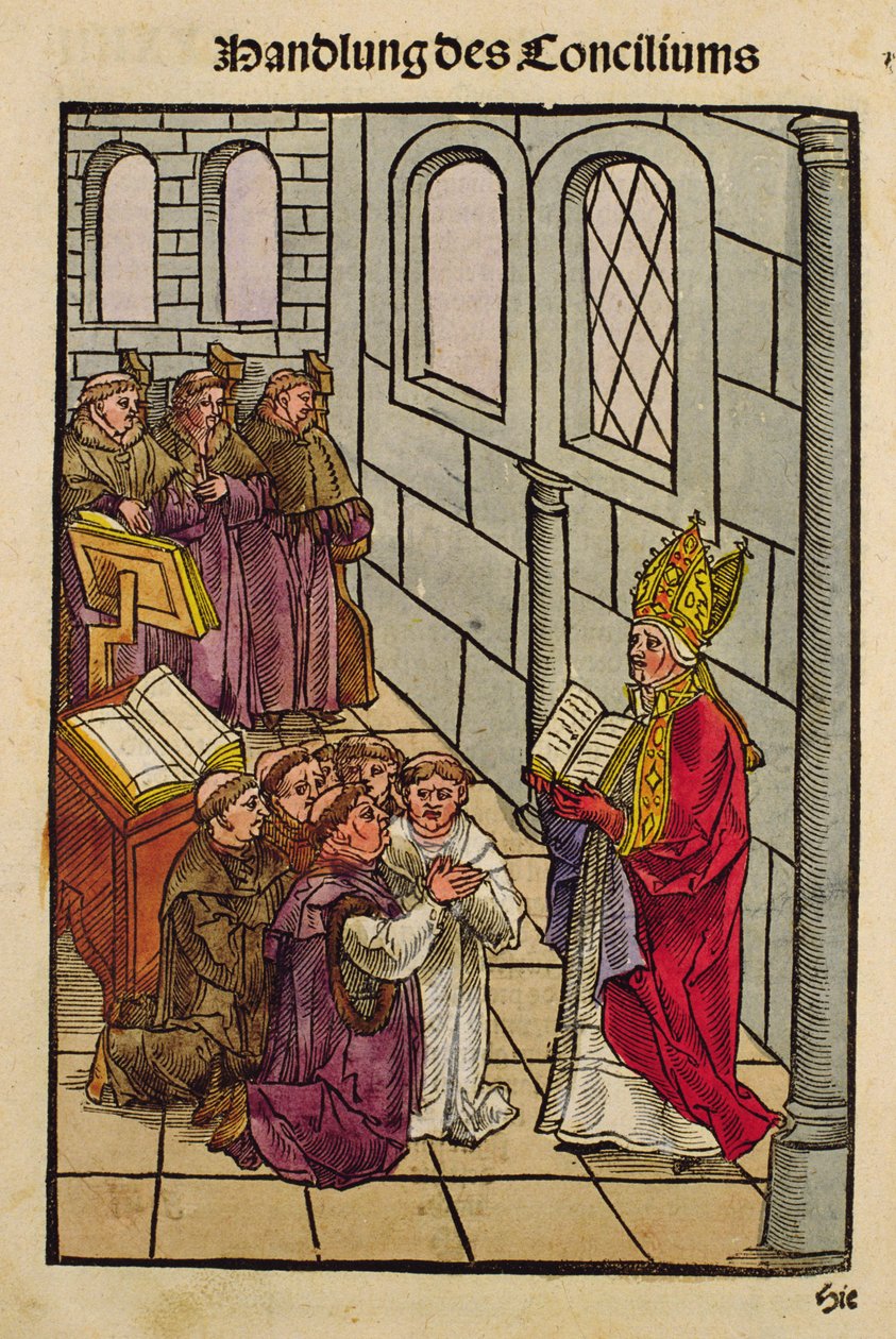 Uma cena do Concílio de Constança, de &39;Chronik des Konzils von Konstanz&39; de Ulrich von Richental
