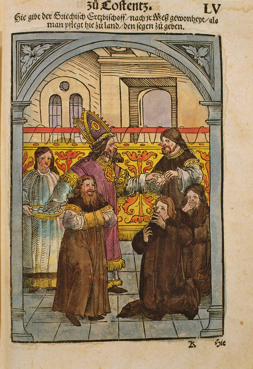 Uma cena do Concílio de Constança, de &39;Chronik des Konzils von Konstanz&39; (caneta e tinta sobre papel) de Ulrich von Richental