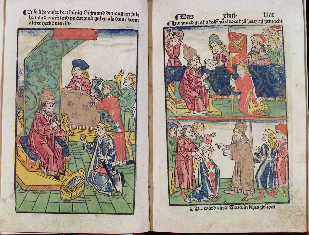 O imperador Sigismundo (1367-1437) de Luxemburgo recebe a homenagem de seus súditos húngaros, 1483 (xilogravura a cores) (ver também 336923) de Ulrich von Richental