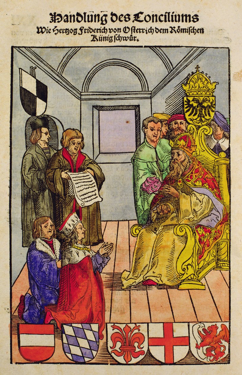 Frederico IV, Duque da Áustria, declarando sua fidelidade ao Imperador no Conselho de Constança, de &39;Chronik des Konzils von Konstanz&39; de Ulrich von Richental