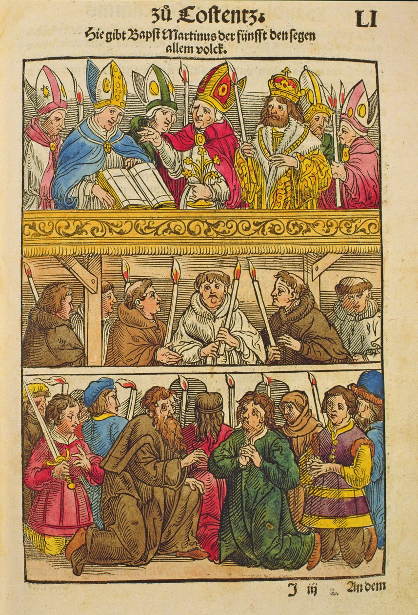 Martin V é eleito papa e abençoa o povo no Concílio de Constança, 1417, de &39;Chronik des Konzils von Konstanz&39; de Ulrich von Richental