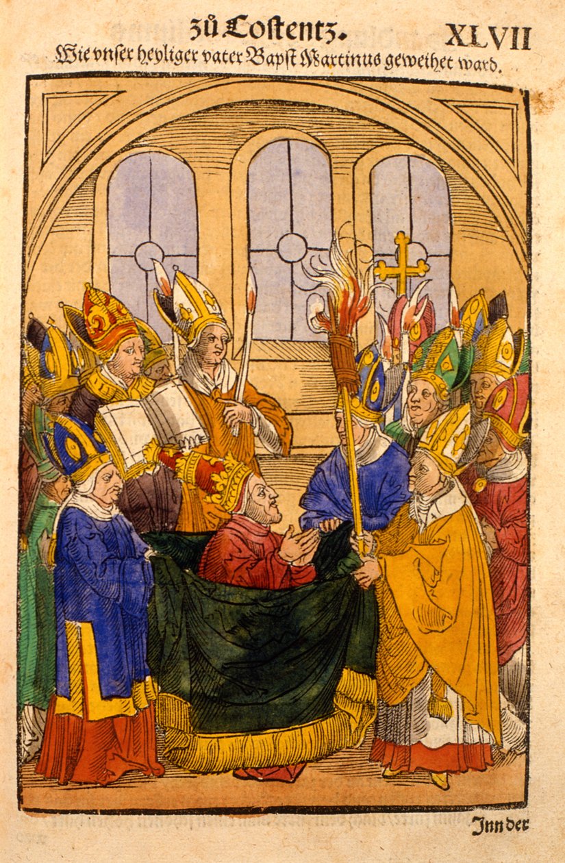 Martin V está instalado como Papa no Concílio de Constança, de &39;Chronik des Konzils von Konstanz&39; de Ulrich von Richental
