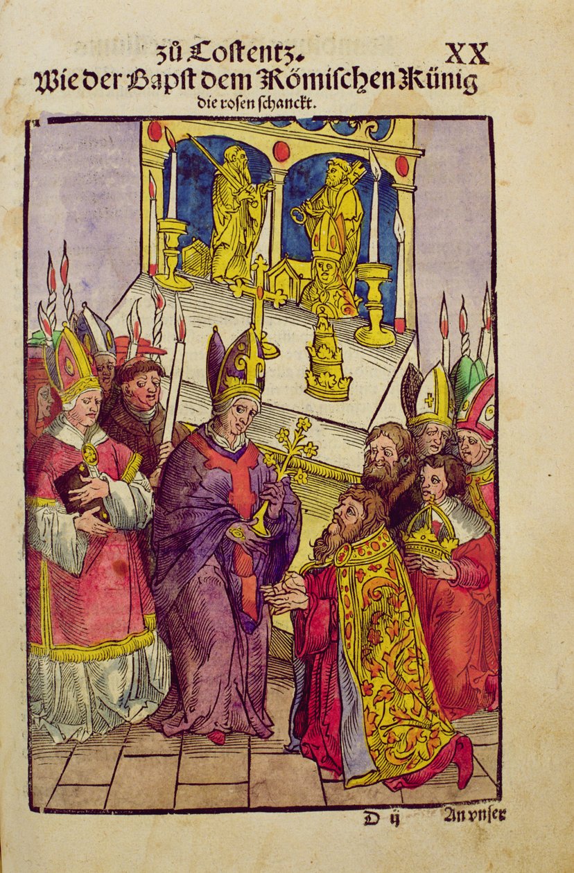 O papa Martinho V dá a Sigismund o presente simbólico da Rosa de Ouro no Concílio de Constança, de &39;Chronik des Konzils von Konstanz&39; de Ulrich von Richental