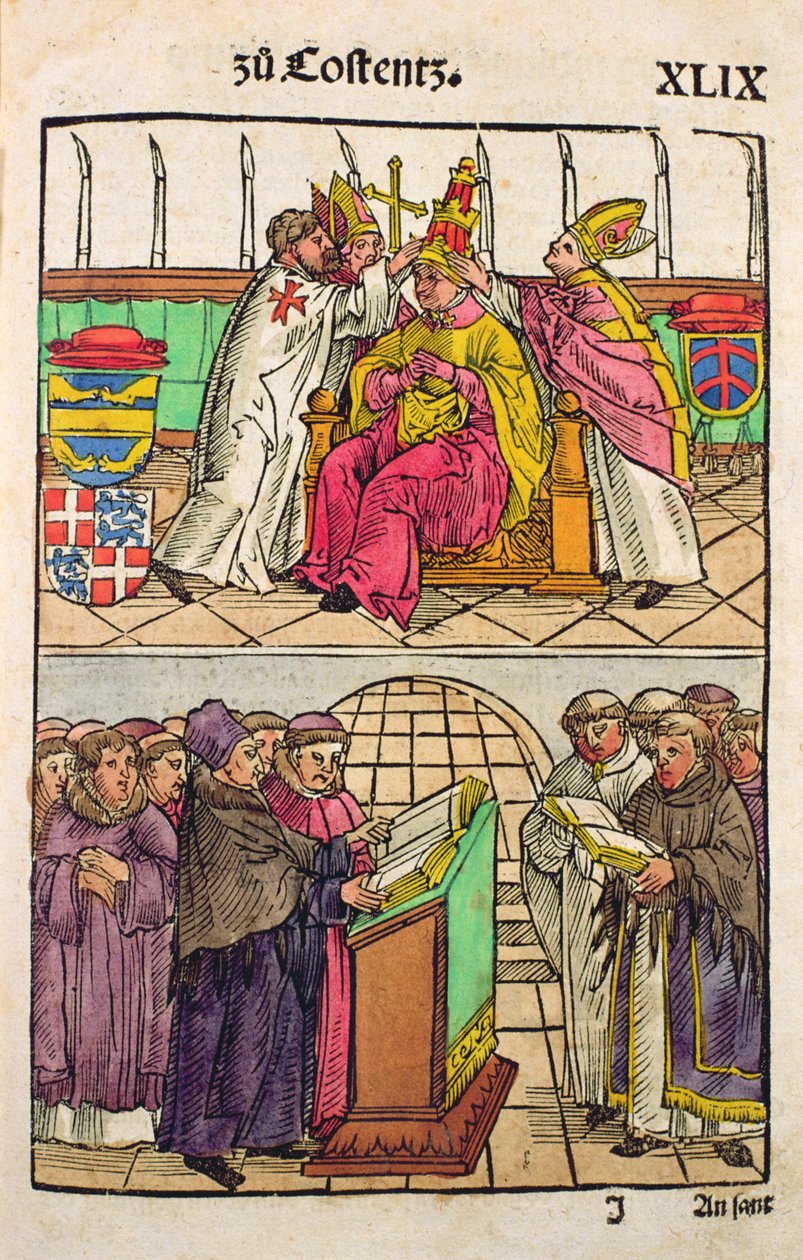 O Papa Martin V está instalado no Papado no Concílio de Constança, de &39;Chronik des Konzils von Konstanz&39; de Ulrich von Richental