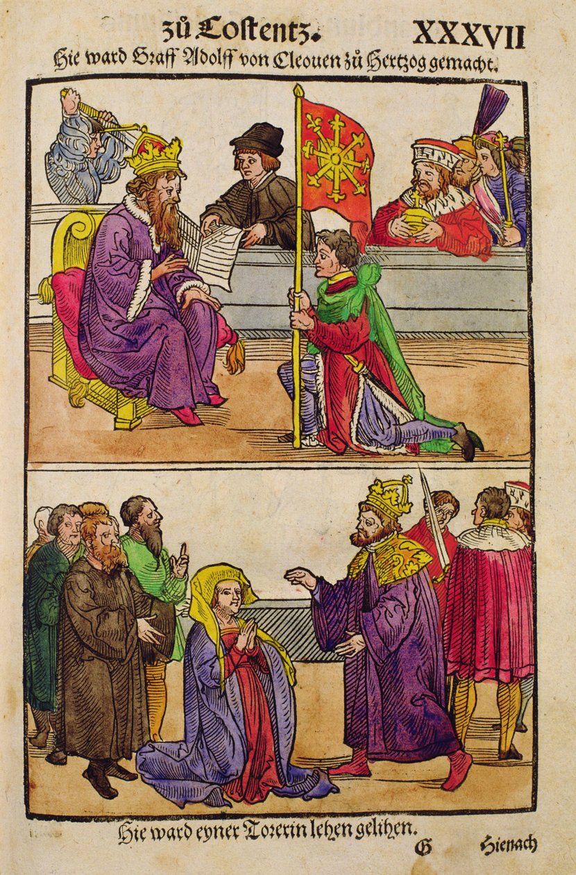 Sigismundo eleva o Conde Adolfo de Cleves ao posto de Duque no Concílio de Constança, de &39;Chronik des Konzils von Konstanz&39; de Ulrich von Richental