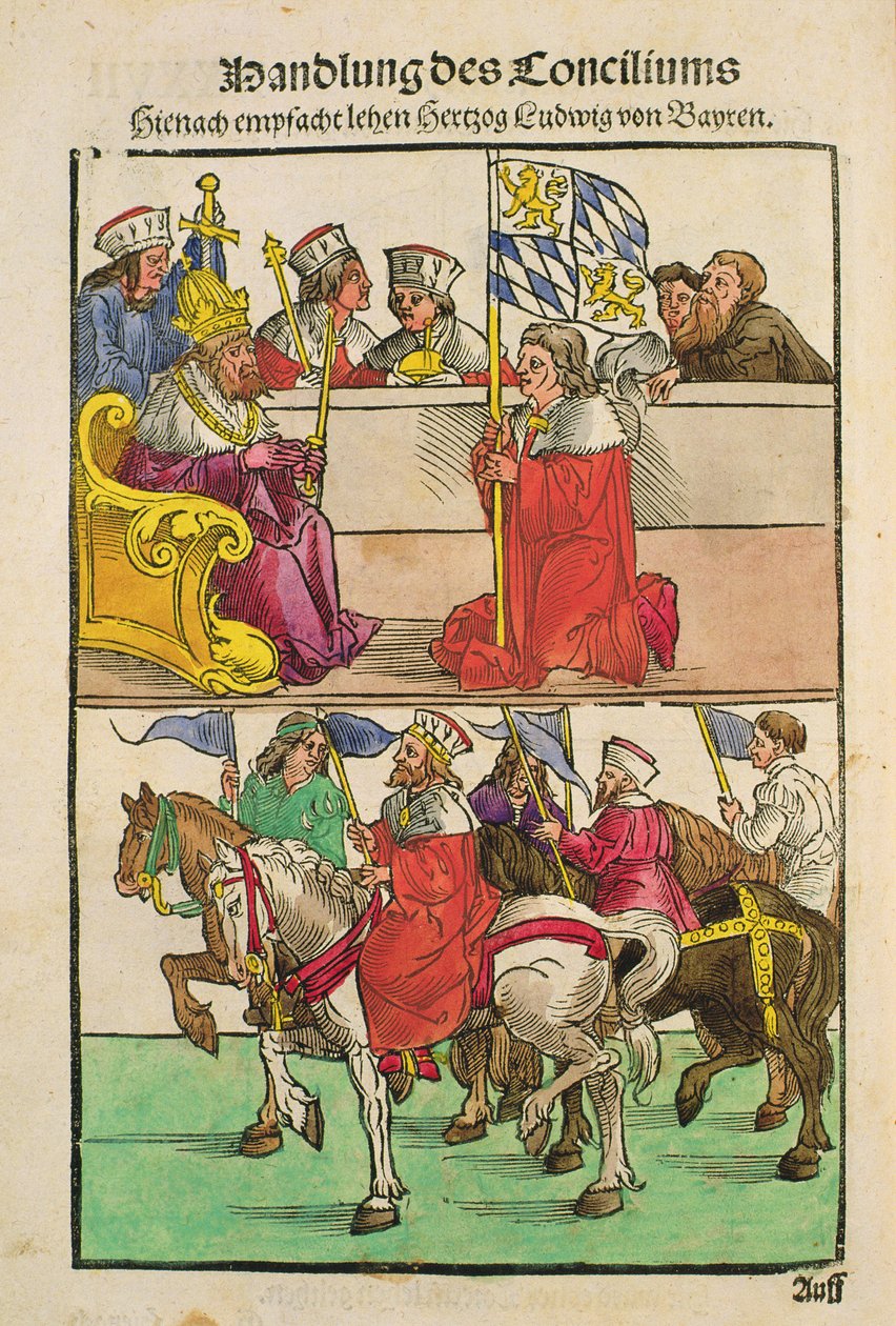O duque de Bayern recebe seus direitos feudais do imperador no Conselho de Constança, de &39;Chronik des Konzils von Konstanz&39; de Ulrich von Richental