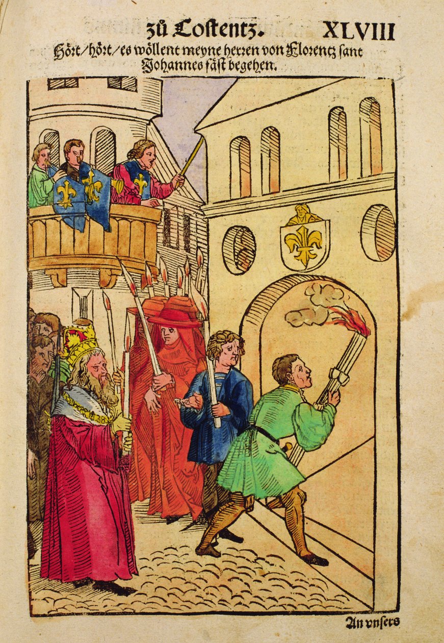 Os delegados florentinos celebram a festa de São João, seu padroeiro, no Concílio de Constança, de &39;Chronik des Konzils von Konstanz&39; de Ulrich von Richental