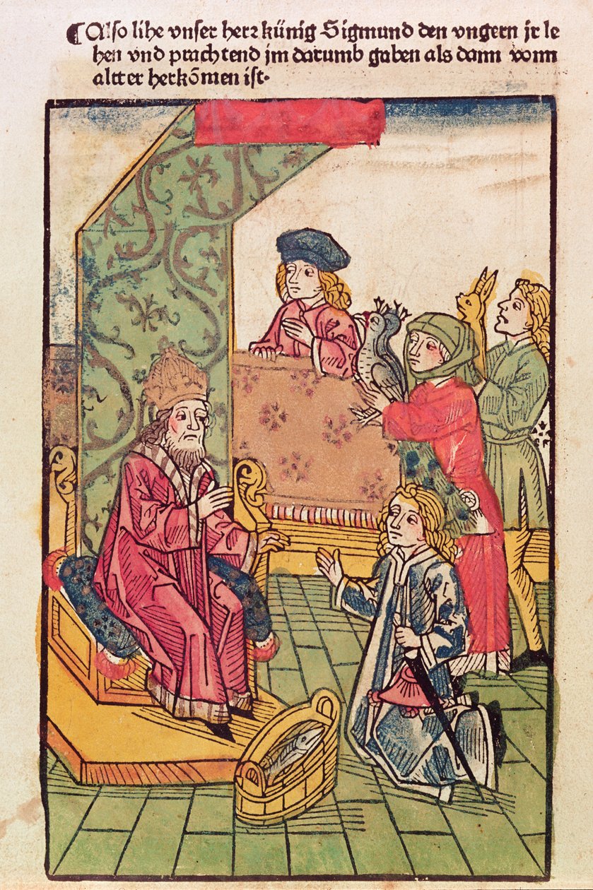 O imperador Sigismundo (1367-1437) de Luxemburgo recebe a homenagem de seus súditos húngaros, 1483 (xilogravura colorida) (ver também 316982) de Ulrich von Richental