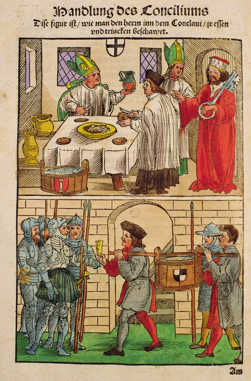 Como o pão e o vinho foram distribuídos ao povo durante o Concílio de Constança, de &39;Chronik des Konzils von Konstanz&39; de Ulrich von Richental