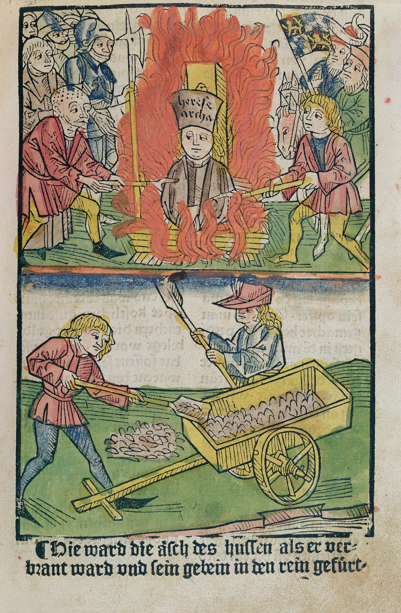Jan Hus, queimado na fogueira do Concílio de Constança, de "História do Concílio de Constança", publicado em 1483 de Ulrich von Richental