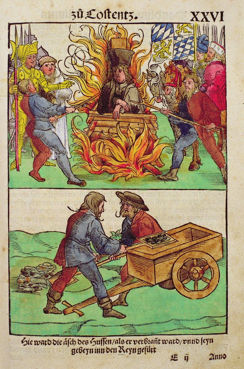 A execução de Jan Hus ou um de seus sacerdotes no Conselho de Constança, de &39;Chronik des Konzils von Konstanz&39; de Ulrich von Richental
