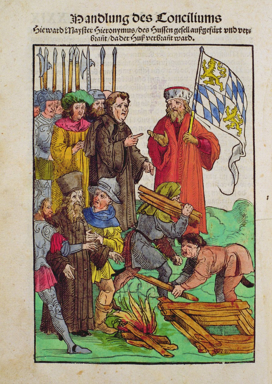 A execução de Jan Hus ou um dos seus sacerdotes no Concílio de Constança, de &39;Chronik des Konzils von Konstanz&39; de Ulrich von Richental