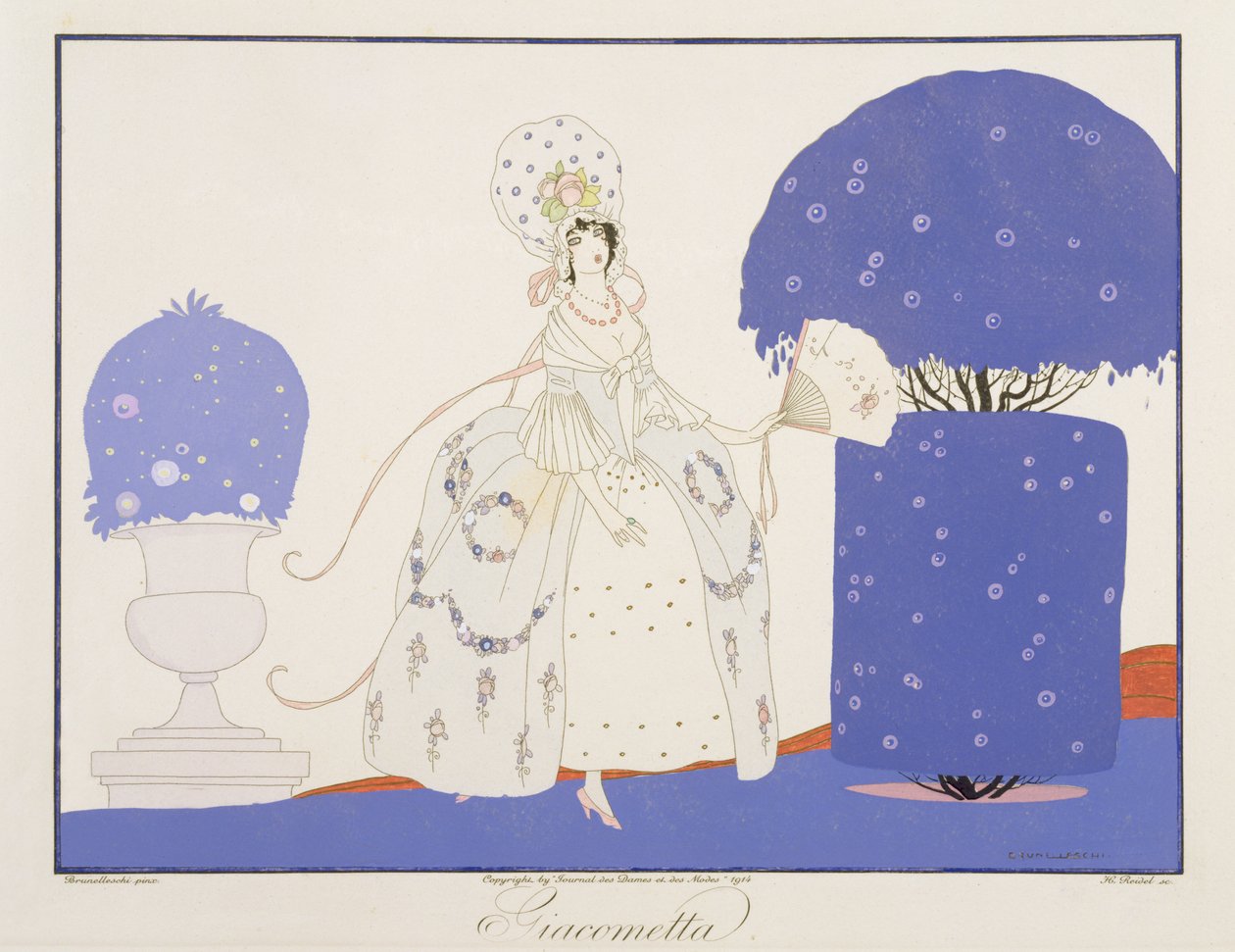 Giacometta, da edição "Máscaras e personagens do teatro italiano" do Le Journal des Dames et des Modes, gravada por Henri Reidel (fl.1914-20) 1914 (cor litho) de Umberto (after) Brunelleschi