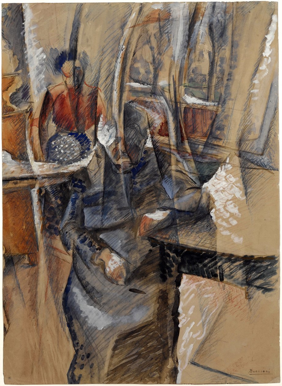 Interior com duas figuras femininas par Boccioni, Umberto (1882-1916). Aquarela e tempera sobre papel, tamanho : 65,4x47,5 de Umberto Boccioni