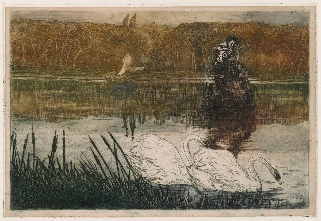 Lago com cisnes de Umberto Boccioni