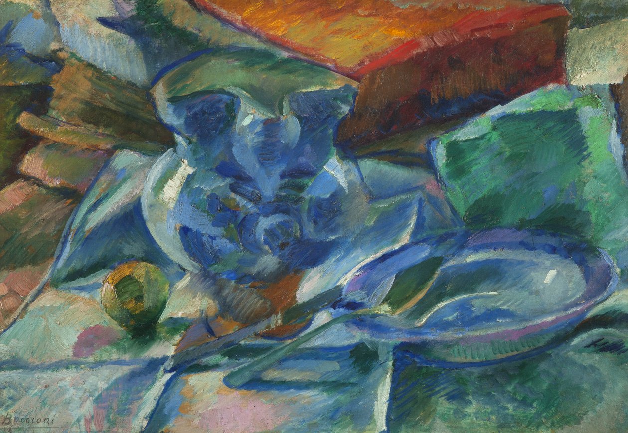 Ainda vida de faiança, talheres e frutas, 1915 de Umberto Boccioni