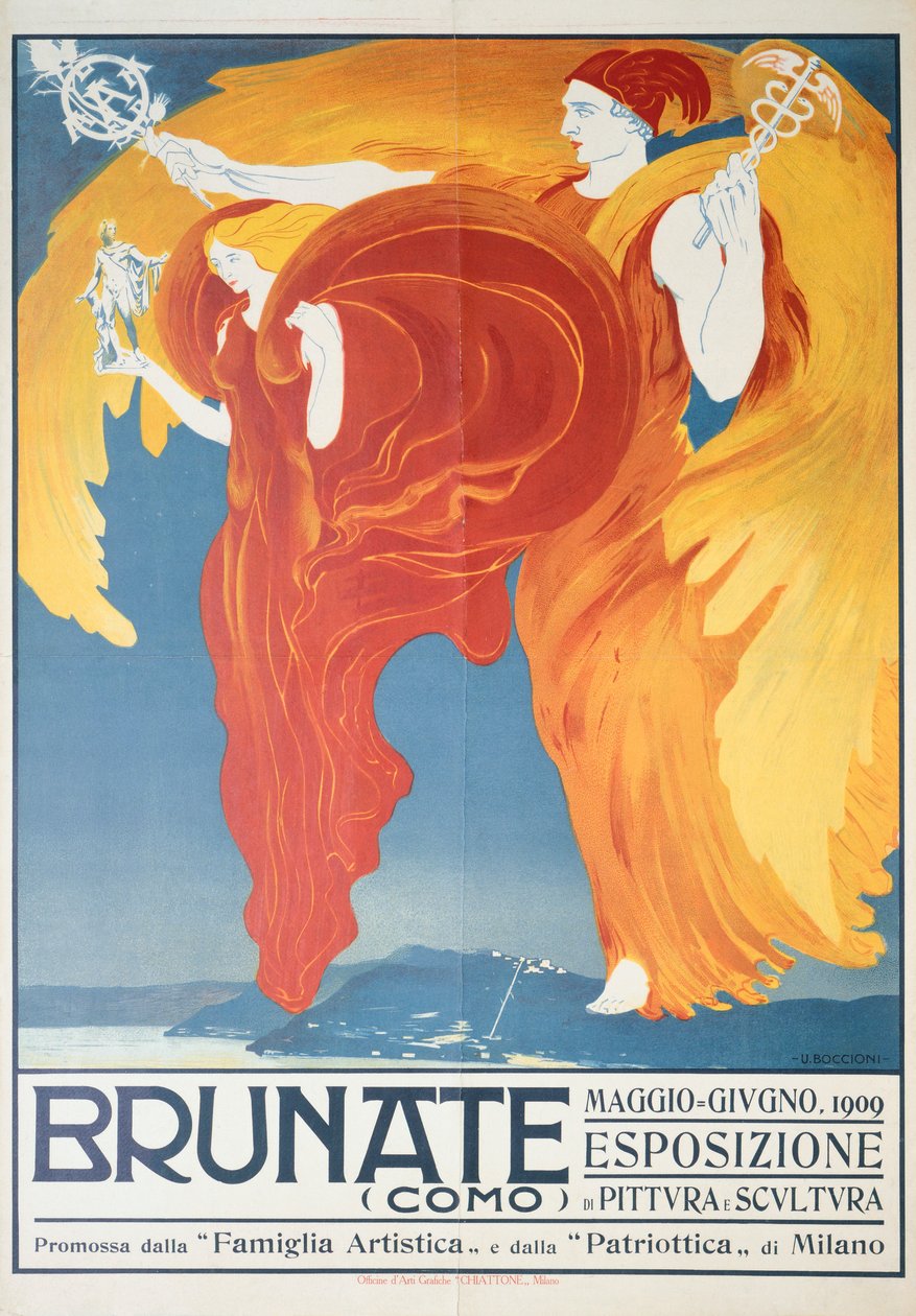 Poster para exposição de pintura e escultura em Brunate por Umberto Boccioni (1882-1916), cromolitografia, 70x50 cm de Umberto Boccioni