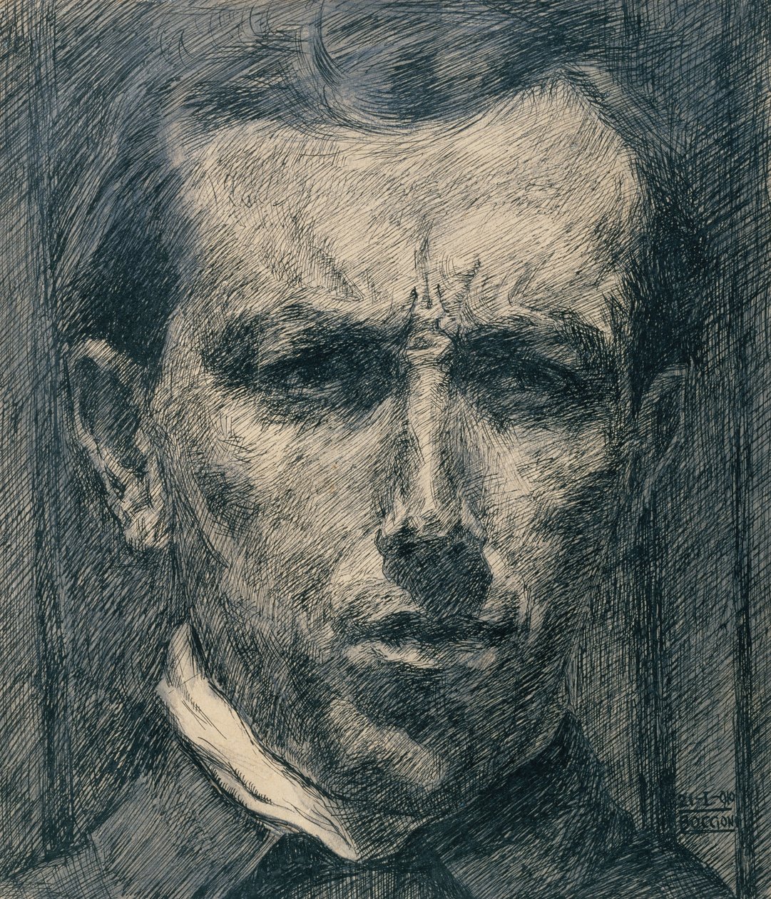 Auto-Retrato, 1910 (tinta, lavagem e grafite sobre papel) de Umberto Boccioni
