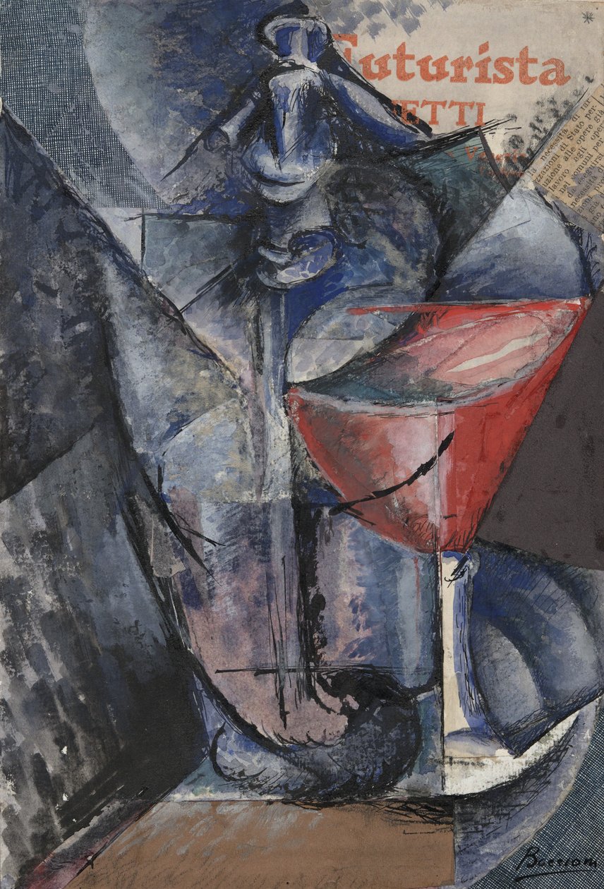 Still Life: Vidro e Sifão, c.1914 (colagem, guache, caneta e tinta) de Umberto Boccioni