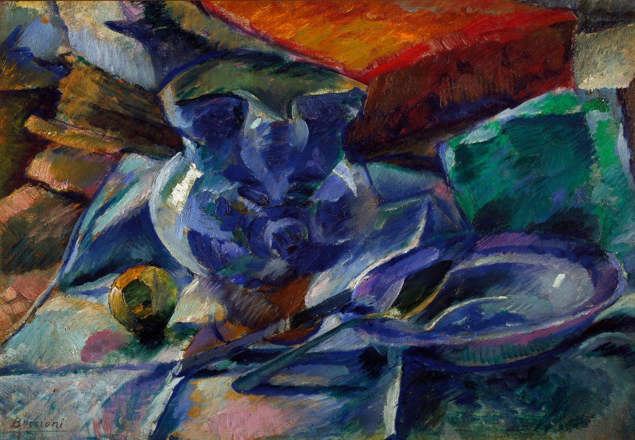 Still Life with the Jug, Bowl and Cutlery Painting by Umberto Boccioni (1882-1916) 1916 Dim. 35x50 cm Milano, Civico Museo d