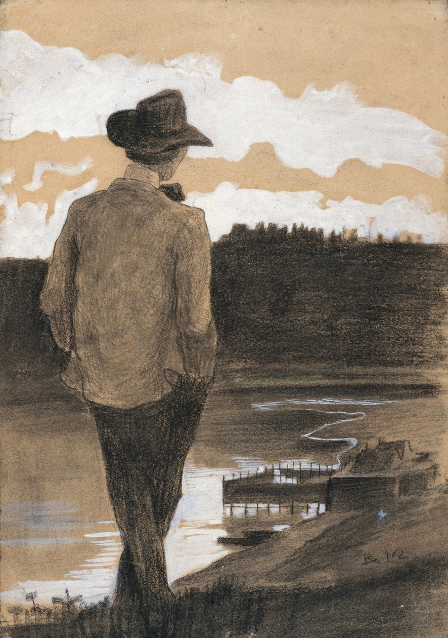 Jovem na beira do rio, 1902 (guache, carvão e pastel sobre papel) de Umberto Boccioni