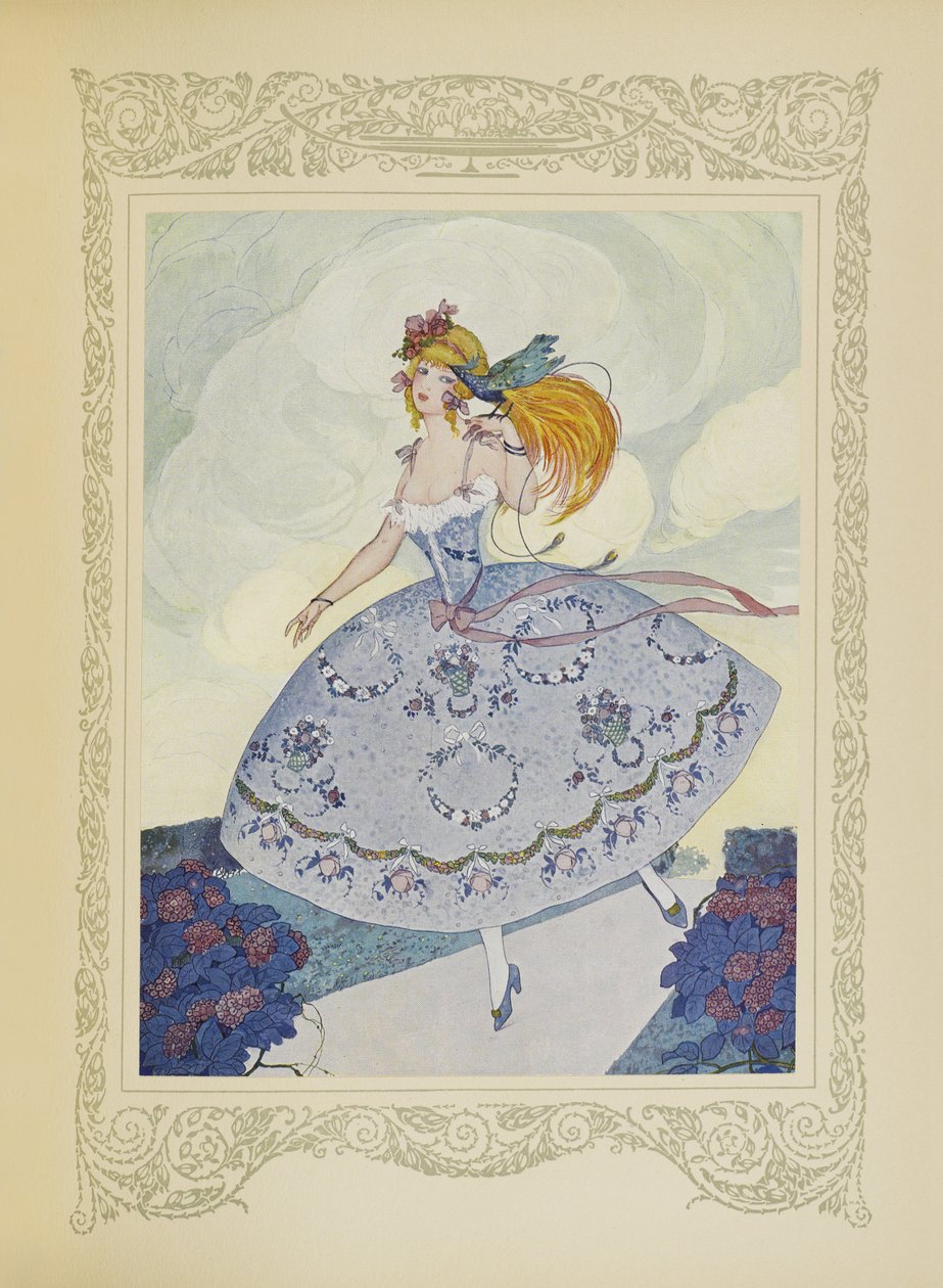 Chéri voou no ombro de Zelie, que ficou encantado com a doçura deste pequeno animal, ilustração de "Contes du Temps Jadis", ou "Contos de Tempos Passados", p.114 de Umberto Brunelleschi