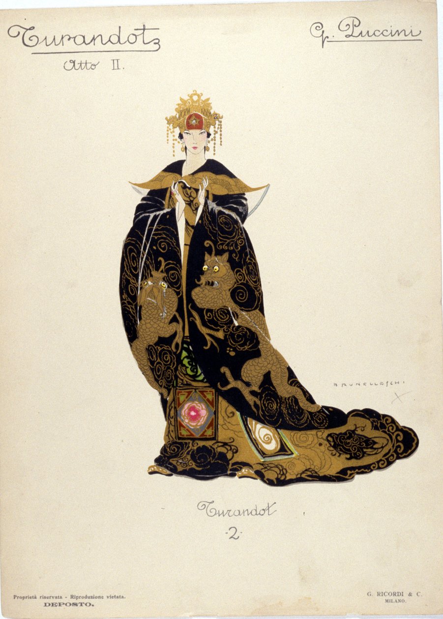 Traje para a personagem da princesa Turandot na ópera "" Turandot "" do compositor Giacomo Puccini (1858-1924) - 1926 de Umberto Brunelleschi