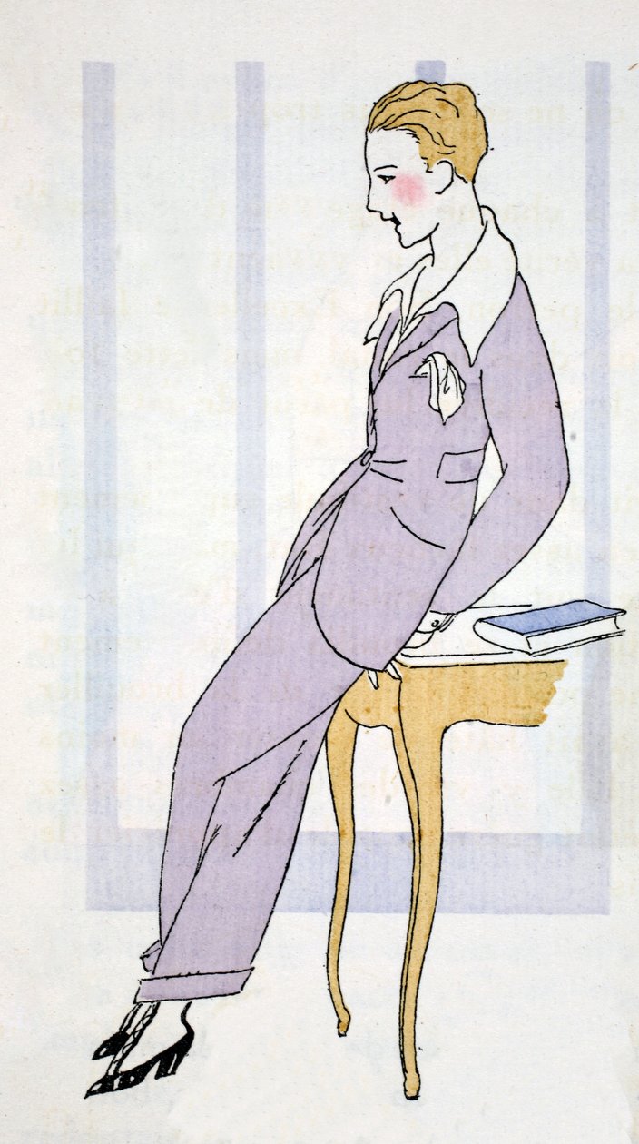 Elegante num fato de calças em Veneza (pochoir print) de Umberto Brunelleschi