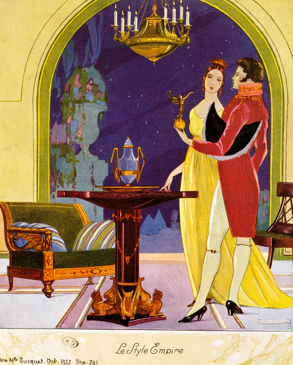 Cena de estilo império, cenário teatral, aguarela de Umberto Brunelleschi