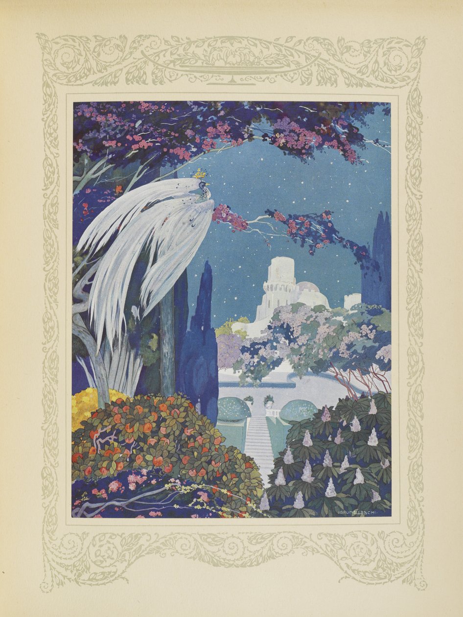 Contudo, o belo Bluebird nunca deixou de pairar à volta do palácio, ilustração de "Contes du Temps Jadis", ou "Tales from Times Past", p.32 de Umberto Brunelleschi