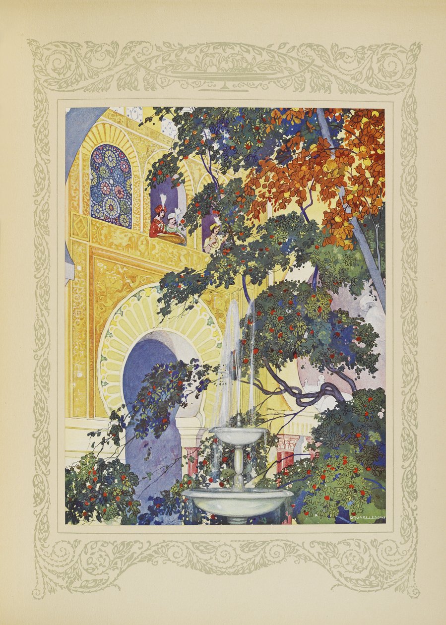 Nonchalante e Babillarde, que estavam frequentemente nas janelas, não deixaram de ver o fruto, ilustração de "Contes du Temps Jadis", ou "Contos de Tempos Passados", p.94 de Umberto Brunelleschi