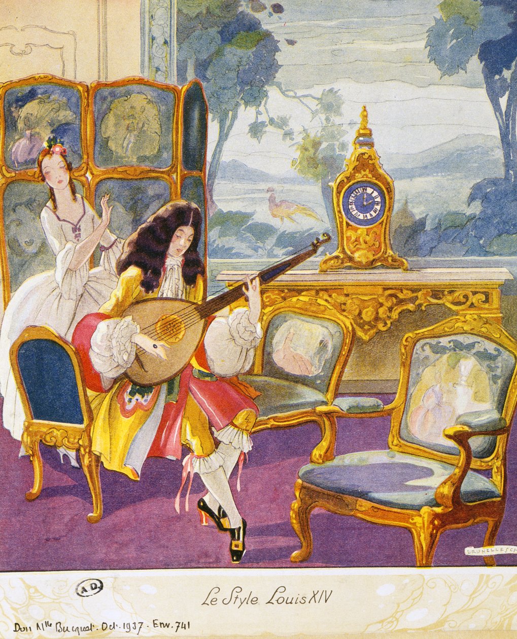 Cena no estilo de Luís XIV, cenário teatral, aquarela de Umberto Brunelleschi