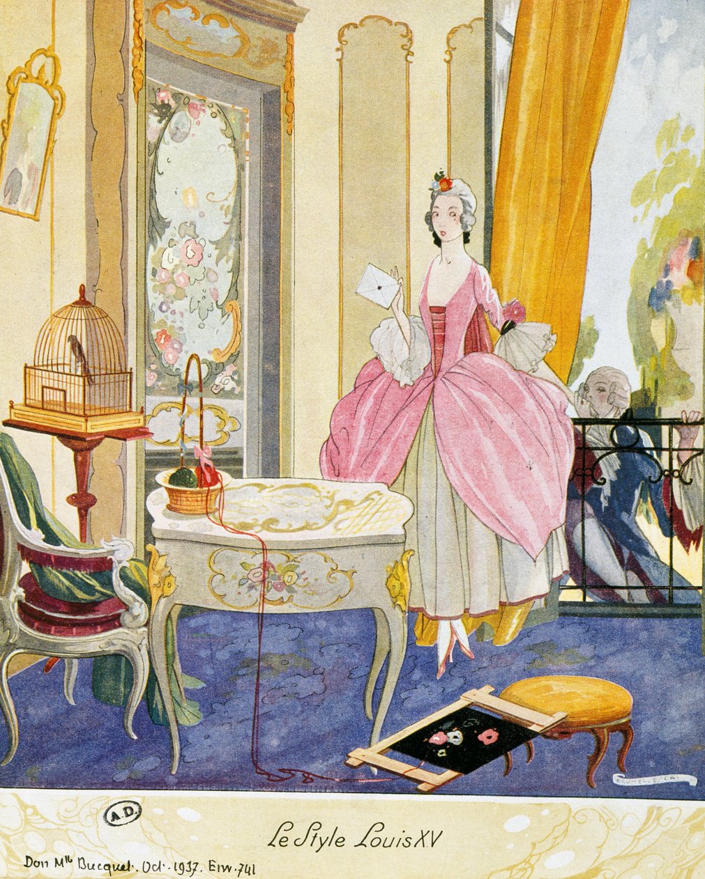 Cena em estilo Luís XV, cenário teatral, aguarela de Umberto Brunelleschi