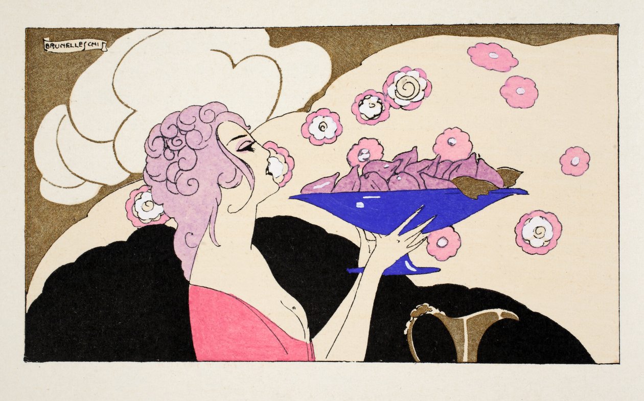 Mulher segurando uma tigela de figos (impressão pochoir) de Umberto Brunelleschi