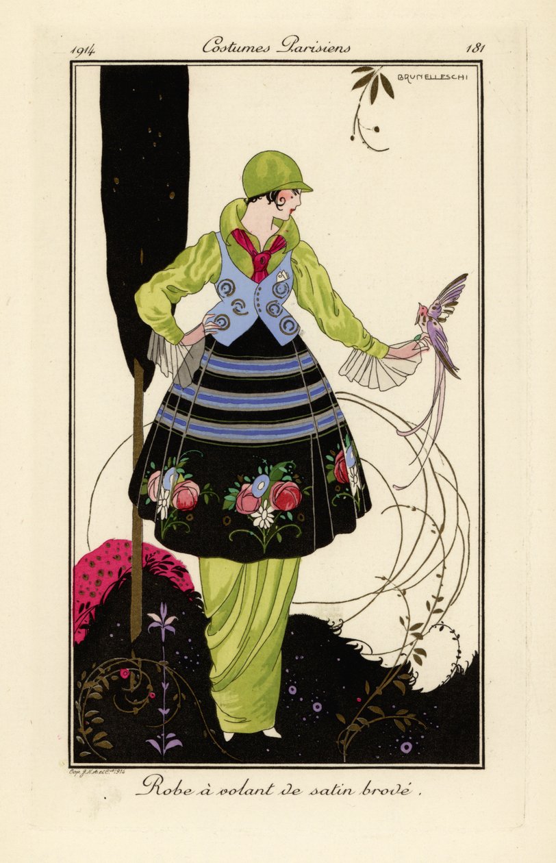 Mulher de vestido verde-ervilha com saia de cetim bordada. de Umberto Brunelleschi