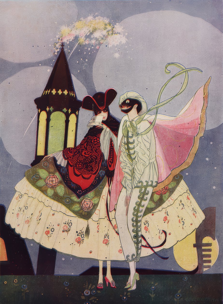 Duas máscaras venezianas e uma gôndola no Carnevale Work de Umberto Brunelleschi