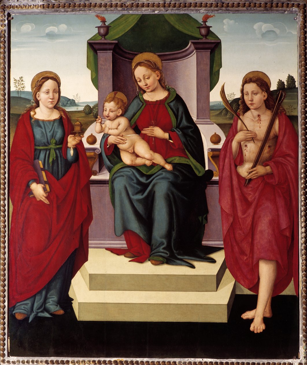 Madona no trono entre Santa Madalena e Sebastião (óleo sobre tela de Umbrian School