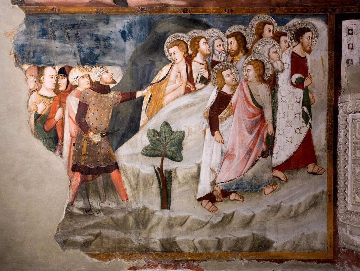 O voo dos apóstolos. O detalhe. Fresco da escola da Umbria do século XV. Igreja Superior. Mosteiro de São Benedetto (Sacro Speco), Subiaco (Roma), Itália. de Umbrian School