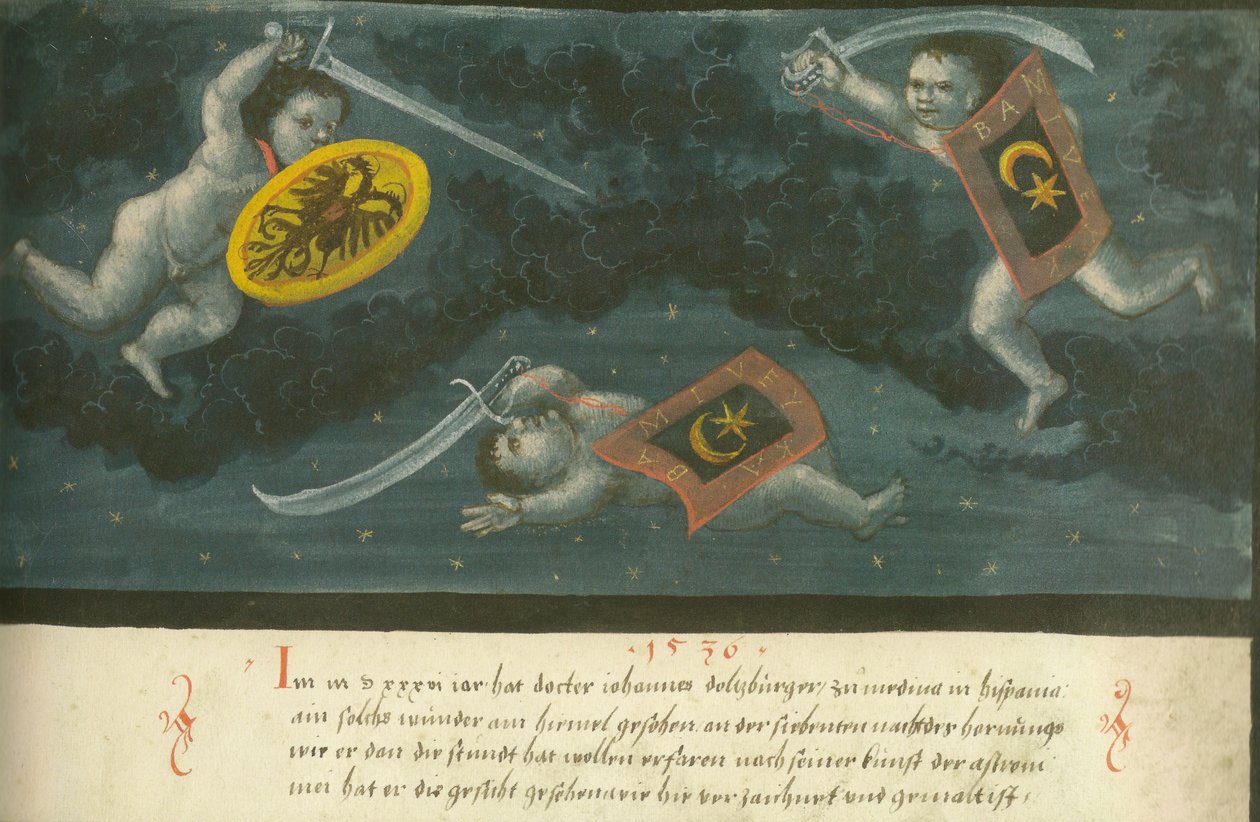 Augsburger Wunderzeichenbuch - Folio 134 Batalha celeste de três filhos 1536 de Unbekannt Unbekannt