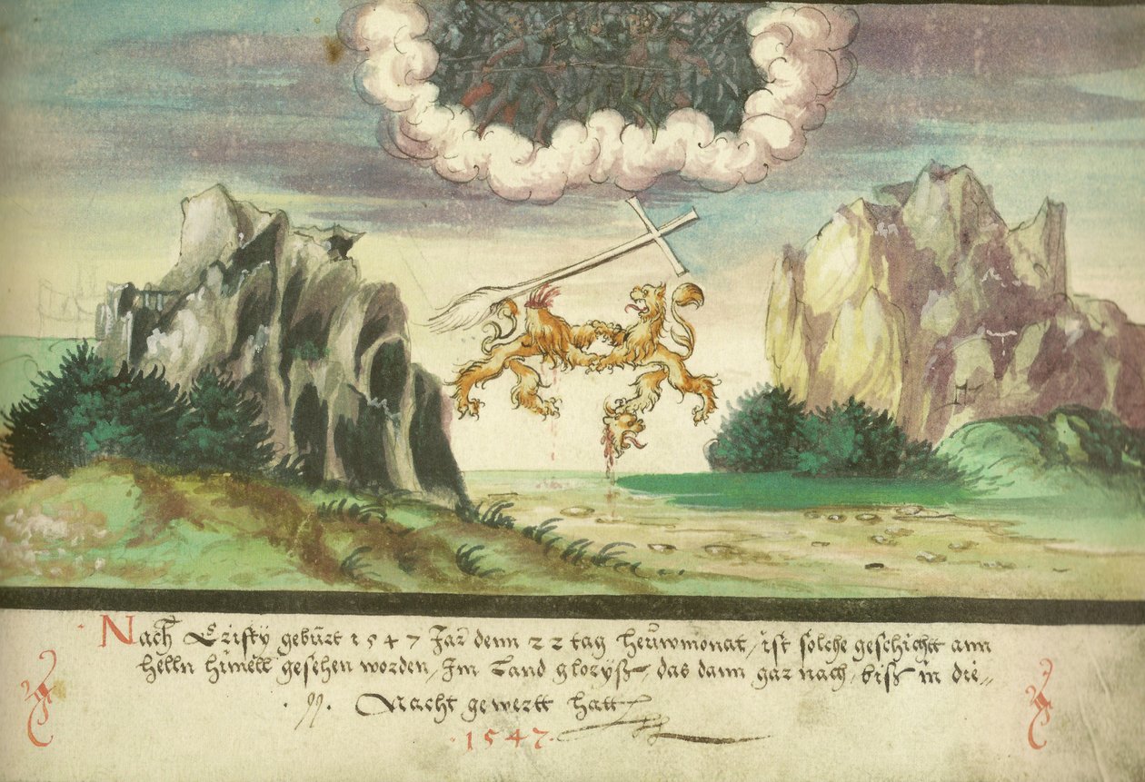 Augsburger Wunderzeichenbuch - folha 157 - batalha no céu, leões sobre Glarus de Unbekannt Unbekannt