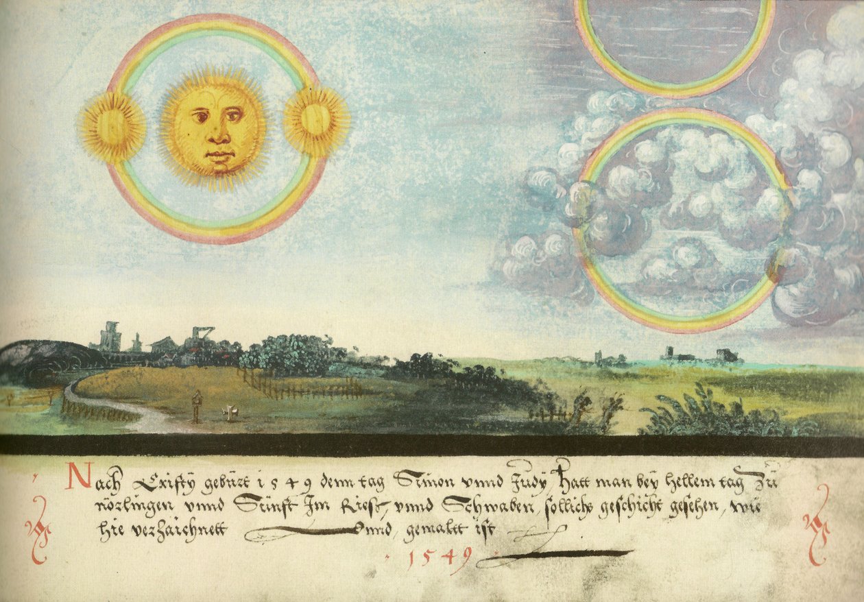 Augsburger Wunderzeichenbuch - Folio 165: Cinco Sóis sobre Leipzig 1551 de Unbekannt Unbekannt