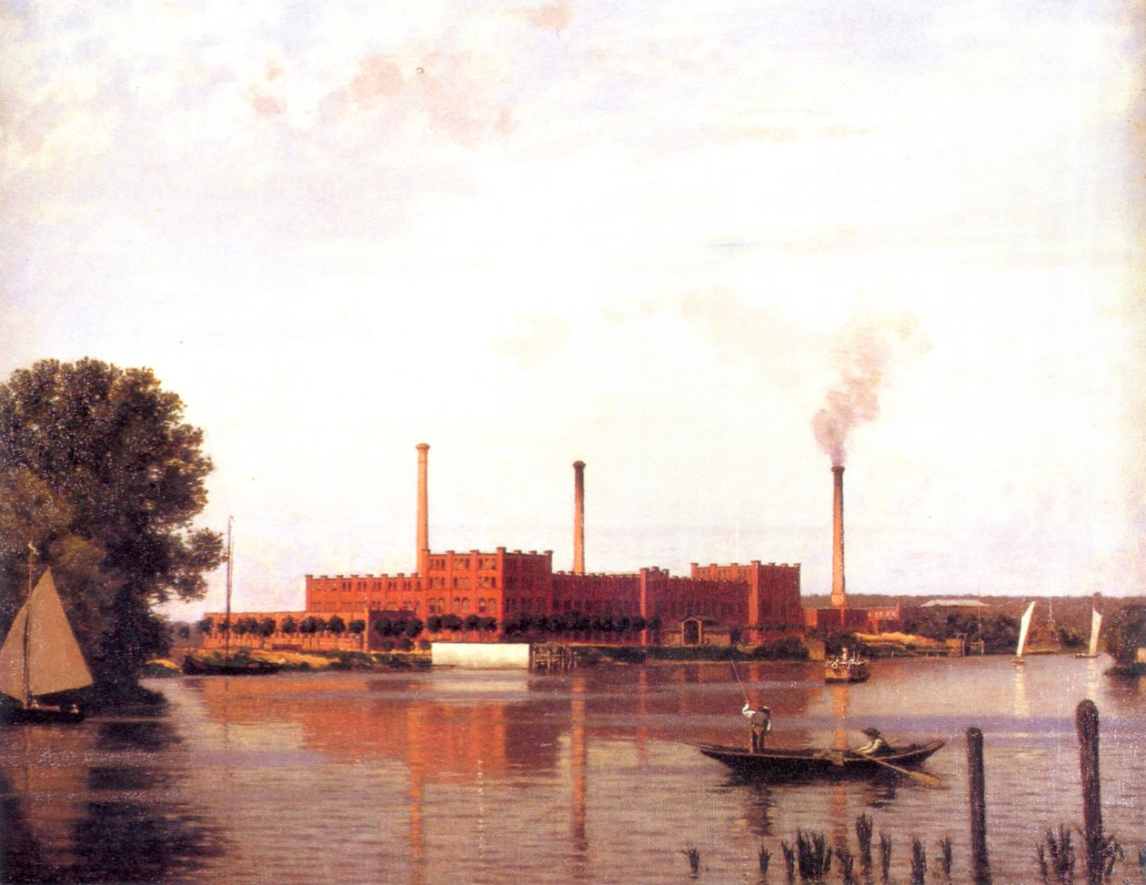 Berlim - lavanderia e tingimento empresa Spindler pelo rio Spree perto de Köpenick, pintura de um artista desconhecido 1881 de Unbekannt Unbekannt