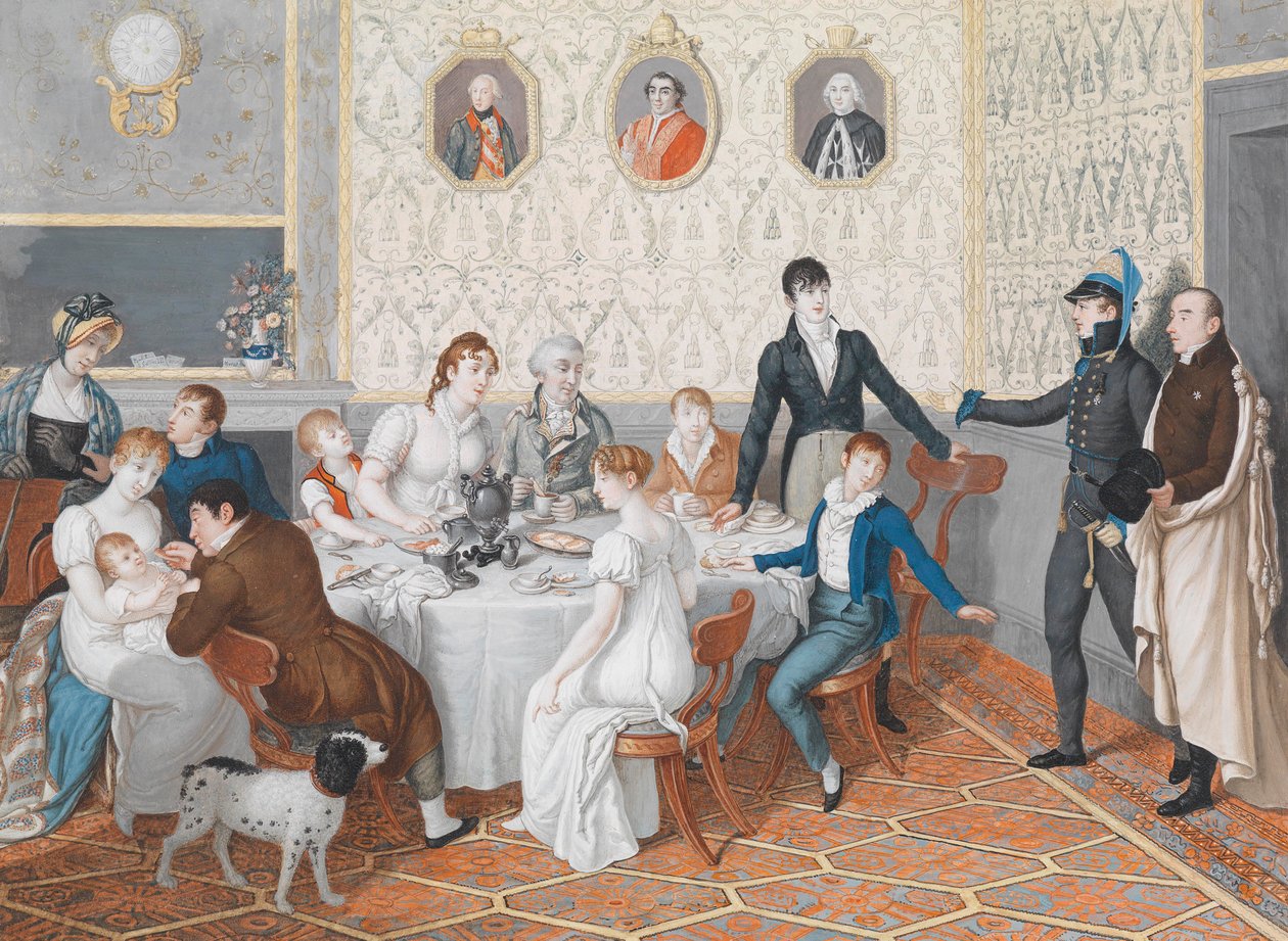 : Biedermeier cena interior com um chá de Unbekannt Unbekannt