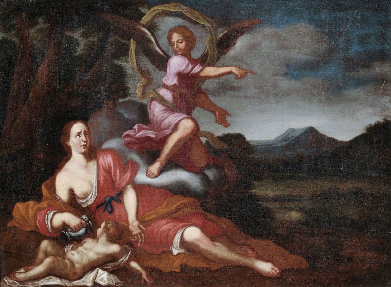 O anjo mostra a Hagar e Ismael o caminho para o poço salvador de Unbekannt Unbekannt