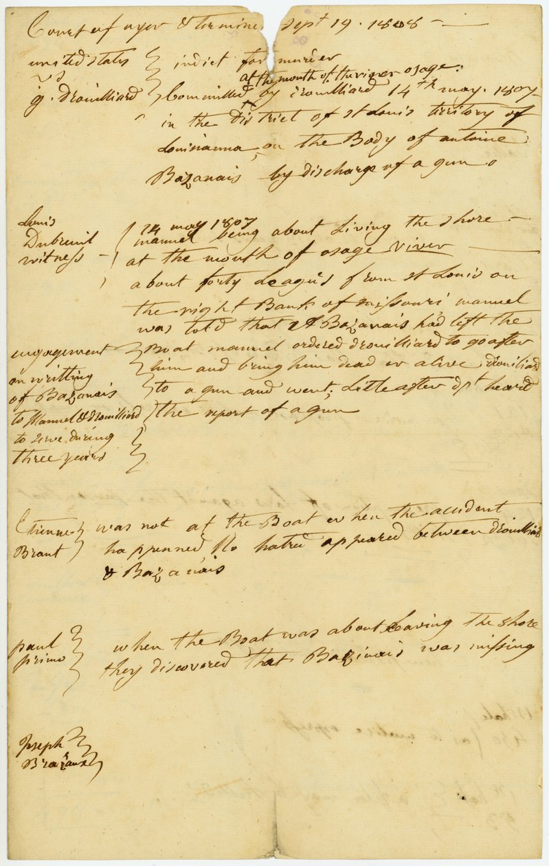 Drouillard foi indiciado pelo assassinato de Antoine Bazanais [Antoine Bissonet] na foz do rio Osage, 14 de maio de 1807 de Unbekannt Unbekannt