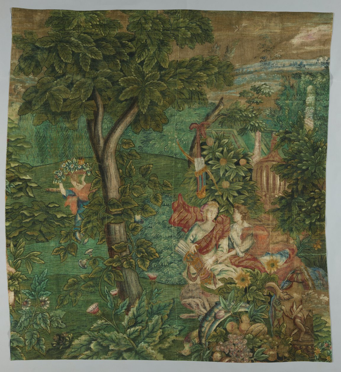 Um pedaço de papel de parede pintado em estopa grossa, com uma representação de Diana em uma paisagem de floresta de Unbekannt Unbekannt